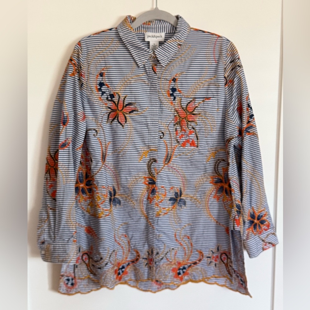 S37 Peck & Peck Size XL Blue Striped Embroidered Button Down